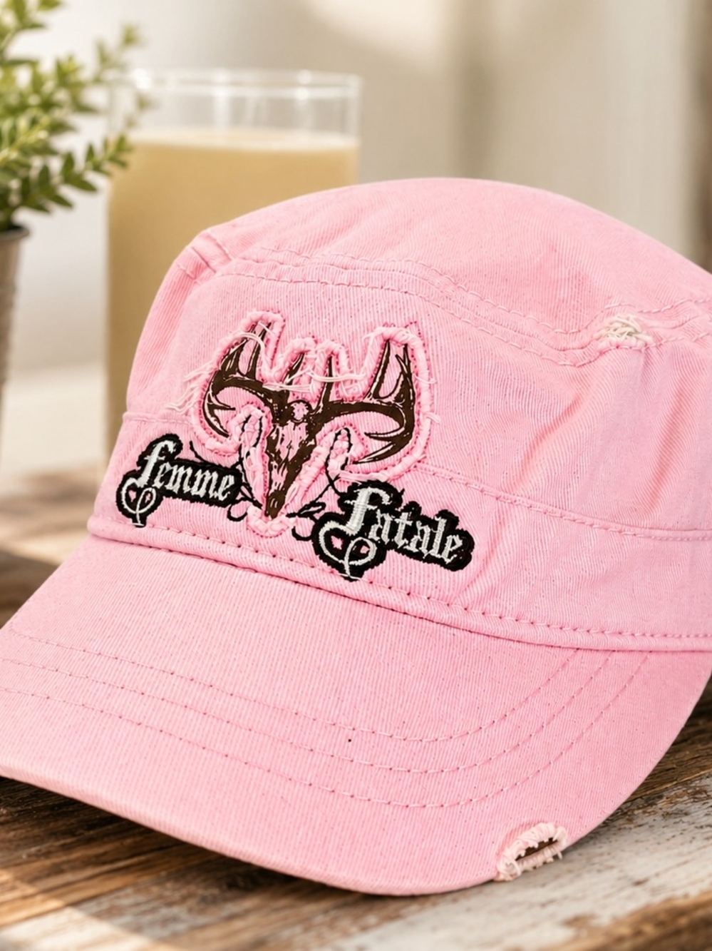Buck Wear Pink Femme Fatale Deer Skull Distressed Cadet Military Cap One Size